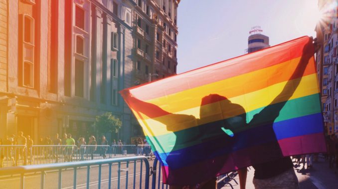 Schwules Paar hinter einer Regenbogenflagge - Bild: deivitt via Twenty20